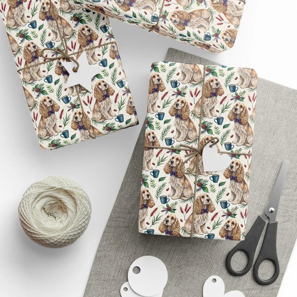 Cozy Cocker Spaniel Christmas Wrapping Paper — styled gift wrapping with scissors and twine