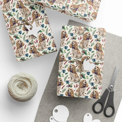Cozy Cocker Spaniel Christmas Wrapping Paper — styled gift wrapping with scissors and twine