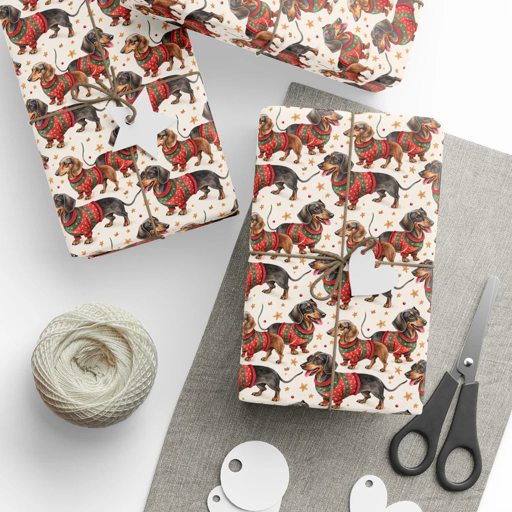 Dachshund Christmas Ugly Sweater Wrapping Paper — styled gift wrapping with scissors and twine