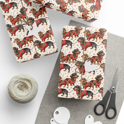 Dachshund Christmas Ugly Sweater Wrapping Paper — styled gift wrapping with scissors and twine