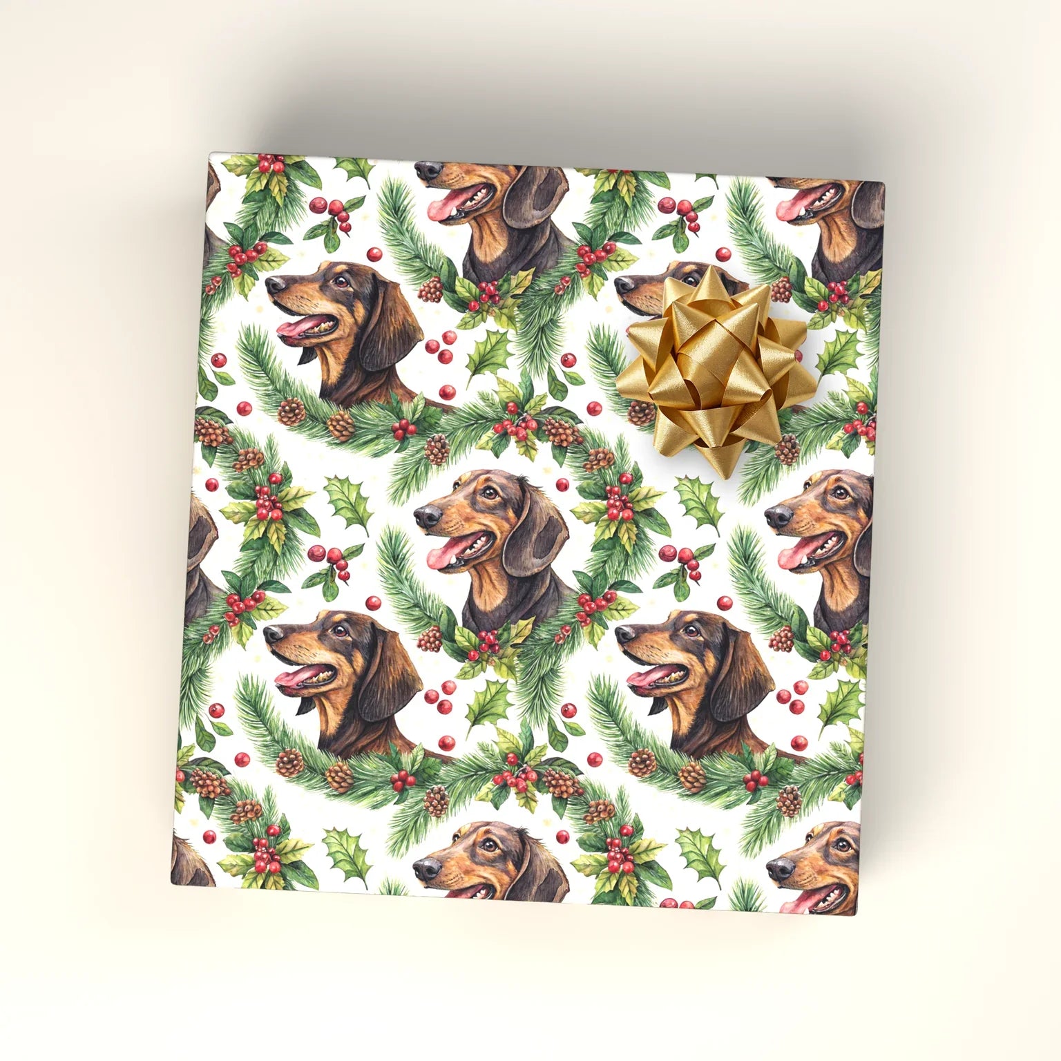 Dachshund Christmas Wrapping Paper with Holly Wreaths — wrapped gift presentation