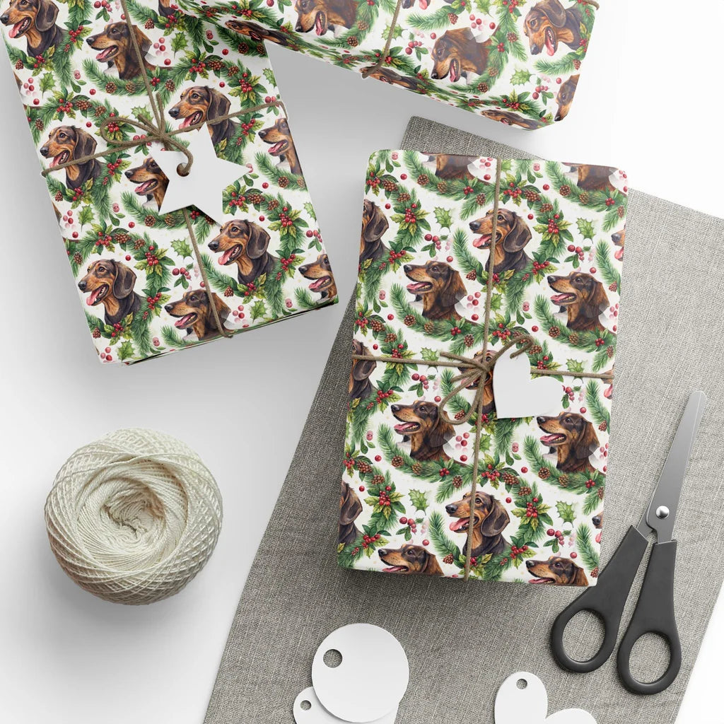 Dachshund Christmas Wrapping Paper with Holly Wreaths — styled gift wrapping with scissors and twine