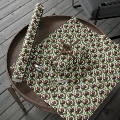 Dachshund Christmas Wrapping Paper with Holly Wreaths — gift wrapping presented on a wooden table