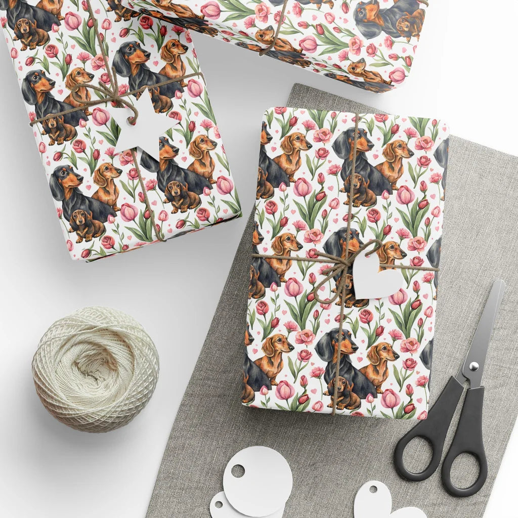 Dachshund Floral Wrapping Paper — styled gift wrapping with scissors and twine