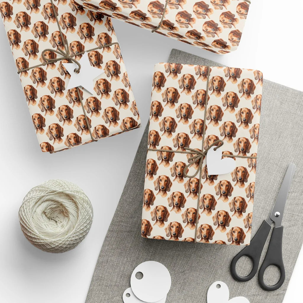 Dachshund Portrait Wrapping Paper — styled gift wrapping with scissors and twine