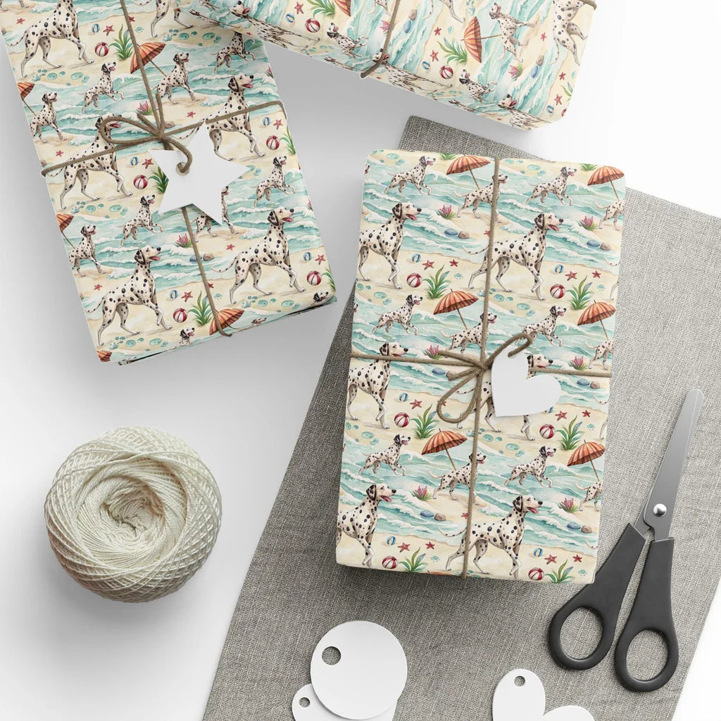 Dalmatian Beach Day Wrapping Paper — styled gift wrapping with scissors and twine