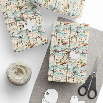 Dalmatian Beach Day Wrapping Paper — styled gift wrapping with scissors and twine