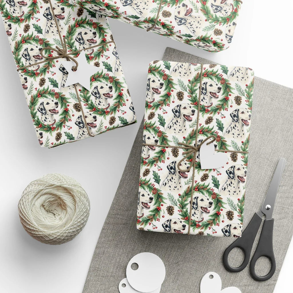 Dalmatian Christmas Wrapping Paper — styled gift wrapping with scissors and twine