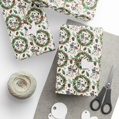 Dalmatian Christmas Wrapping Paper — styled gift wrapping with scissors and twine