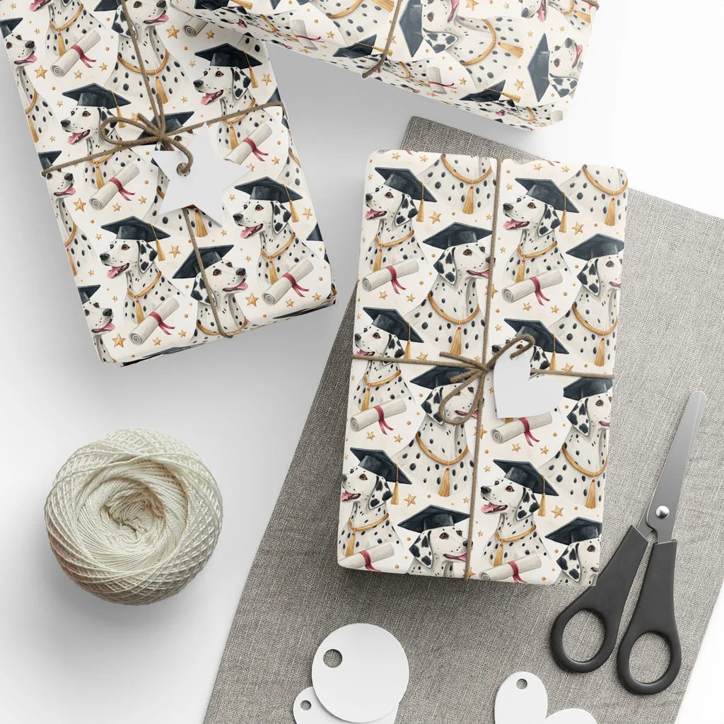 Dalmatian Graduation Wrapping Paper — styled gift wrapping with scissors and twine