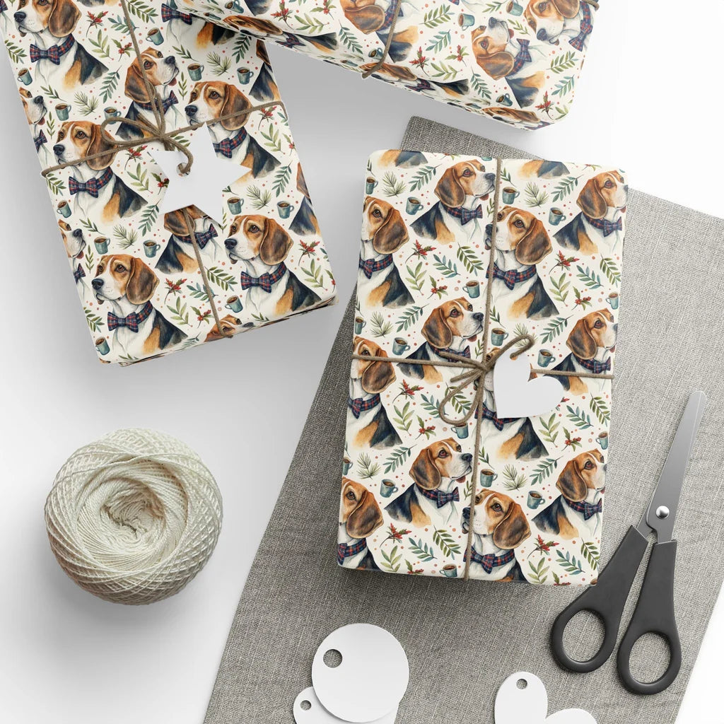 Dapper Beagle Wrapping Paper — styled gift wrapping with scissors and twine