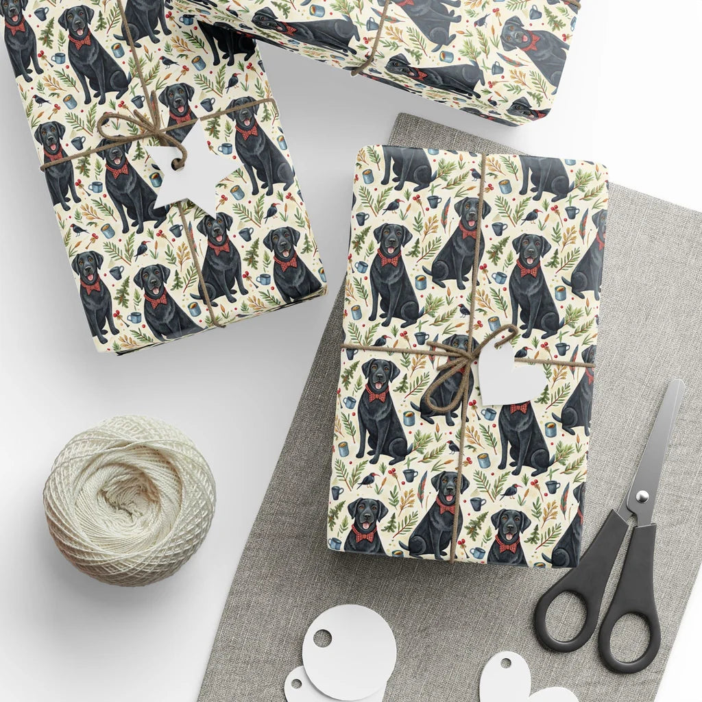 Dapper Black Lab Christmas Wrapping Paper — styled gift wrapping with scissors and twine