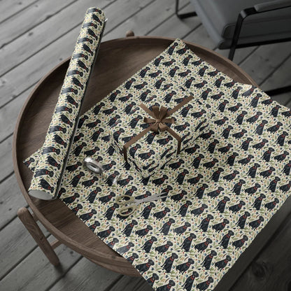 Dapper Black Lab Christmas Wrapping Paper — gift wrapping presented on a wooden table