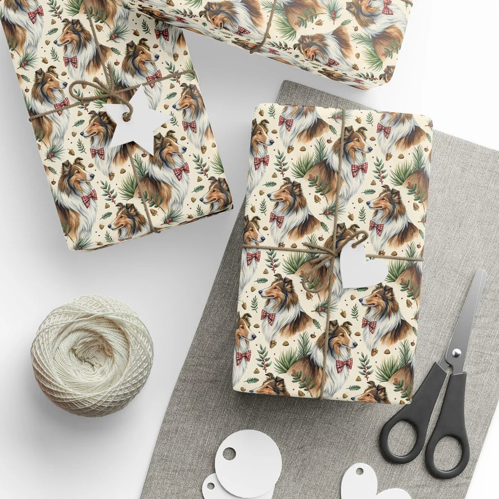Dapper Collie Father's Day Wrapping Paper — styled gift wrapping with scissors and twine