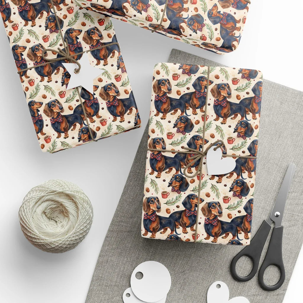 Dapper Dachshund Christmas Wrapping Paper — styled gift wrapping with scissors and twine