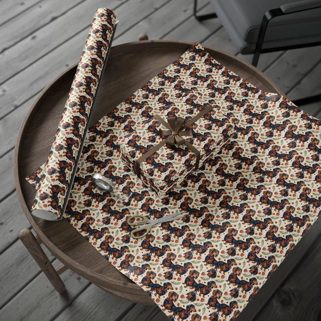 Dapper Dachshund Christmas Wrapping Paper — gift wrapping presented on a wooden table
