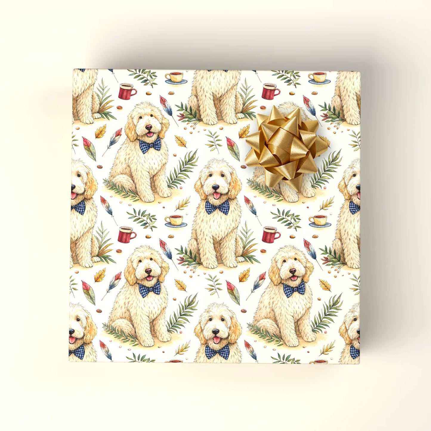 Dapper Doodle Wrapping Paper: Goldendoodle in a Bow Tie — wrapped gift presentation