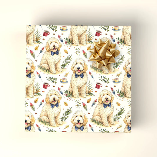 Dapper Doodle Wrapping Paper: Goldendoodle in a Bow Tie — wrapped gift presentation