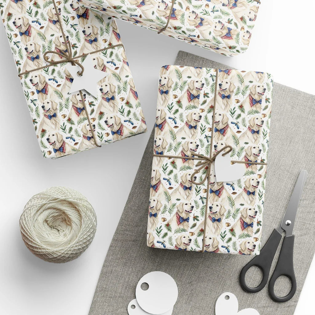 Dapper Golden Retriever Bow Tie Wrapping Paper — styled gift wrapping with scissors and twine