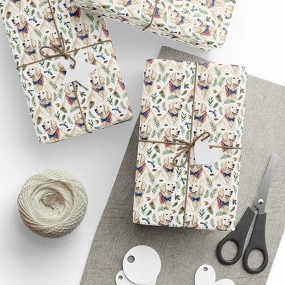 Dapper Golden Retriever Bow Tie Wrapping Paper — styled gift wrapping with scissors and twine