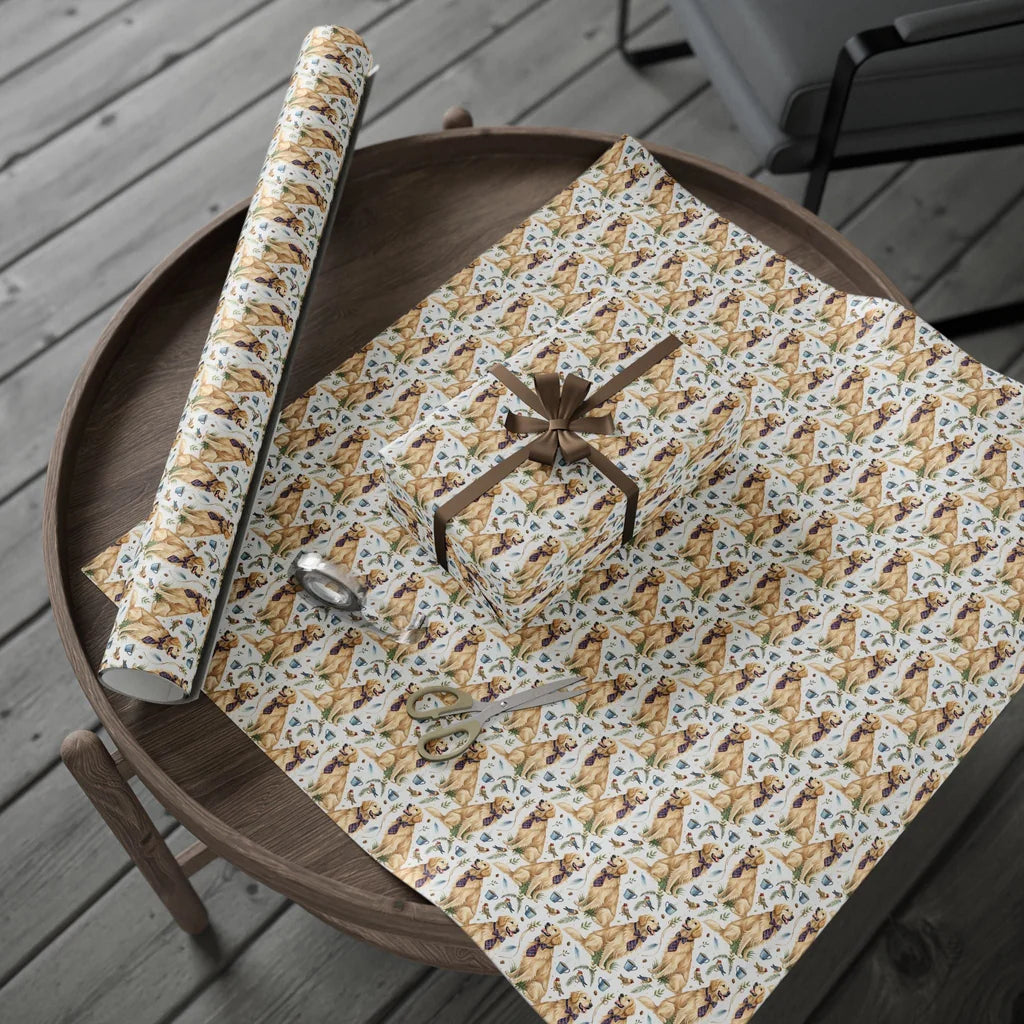 Dapper Golden Retriever Wrapping Paper — gift wrapping presented on a wooden table