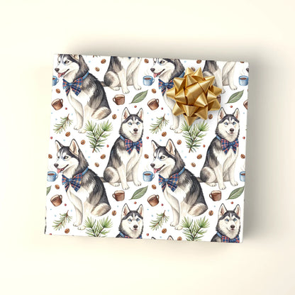 Dapper Husky Wrapping Paper with Cozy Winter Accents — wrapped gift presentation