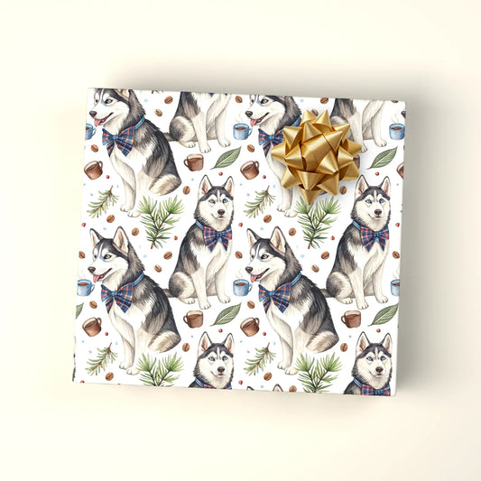 Dapper Husky Wrapping Paper with Cozy Winter Accents — wrapped gift presentation