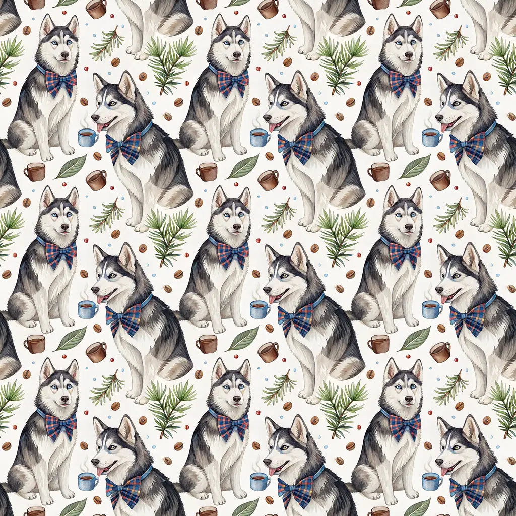 Dapper Husky Wrapping Paper with Cozy Winter Accents — repeating pattern tile