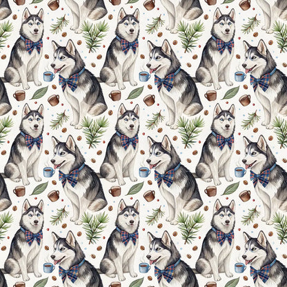 Dapper Husky Wrapping Paper with Cozy Winter Accents — repeating pattern tile
