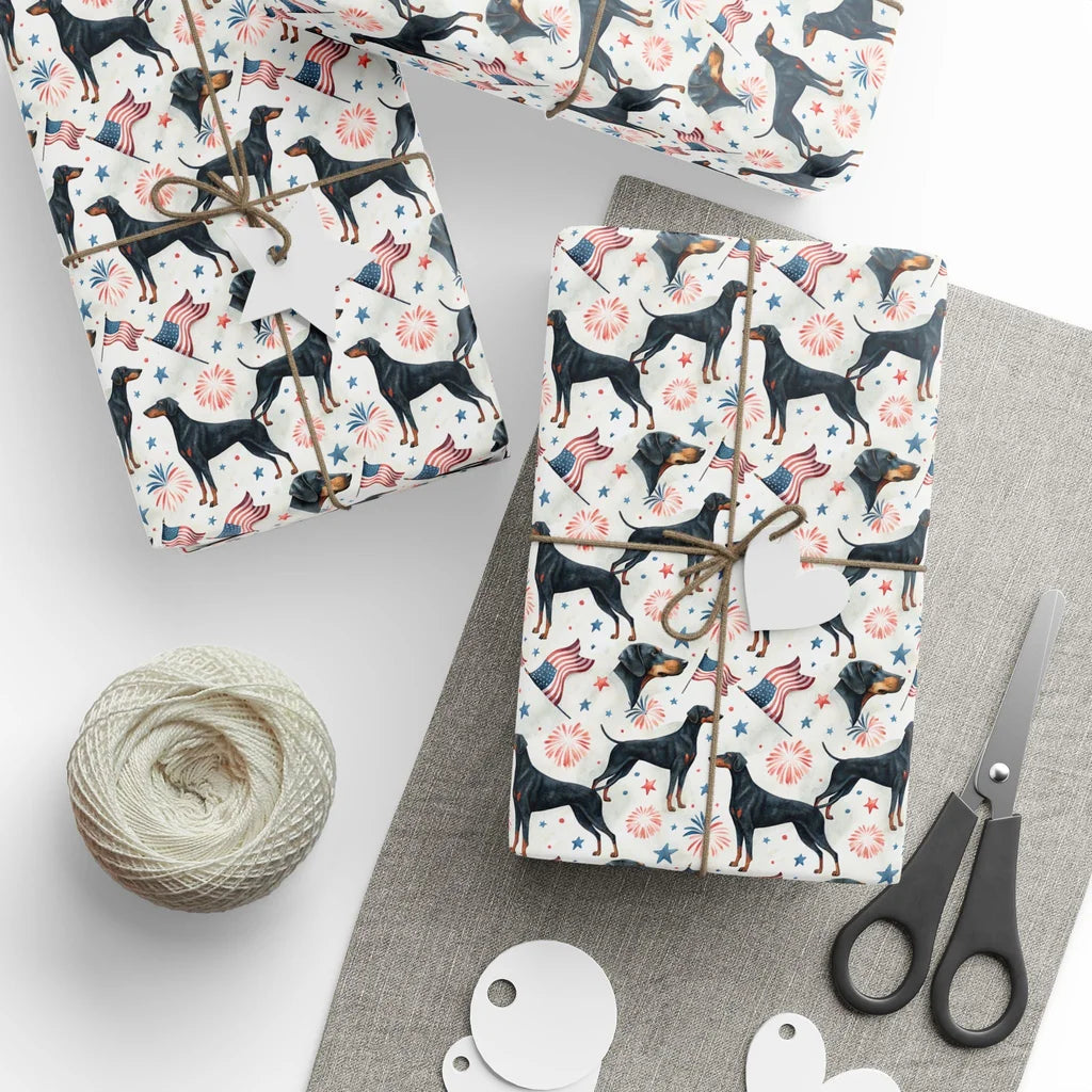 Doberman Americana Wrapping Paper — styled gift wrapping with scissors and twine
