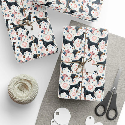 Doberman Americana Wrapping Paper — styled gift wrapping with scissors and twine