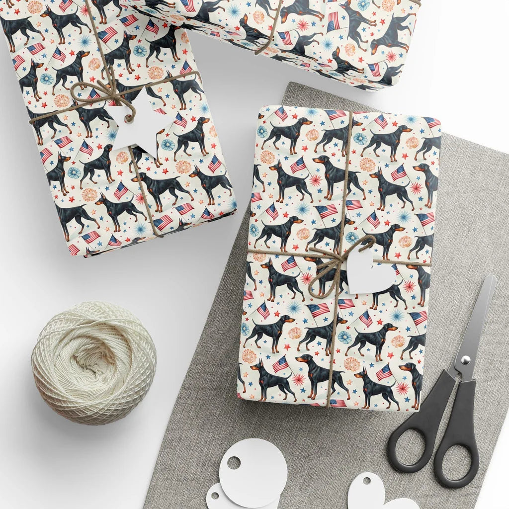 Doberman Americana Wrapping Paper — styled gift wrapping with scissors and twine