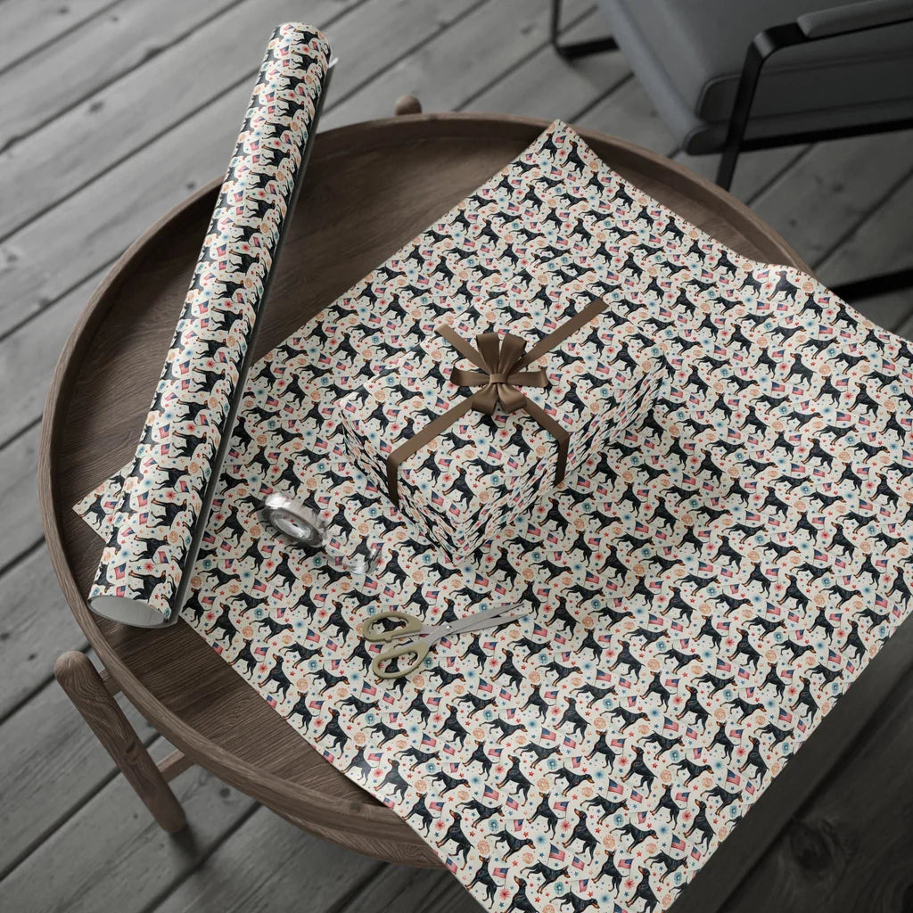 Doberman Americana Wrapping Paper — gift wrapping presented on a wooden table