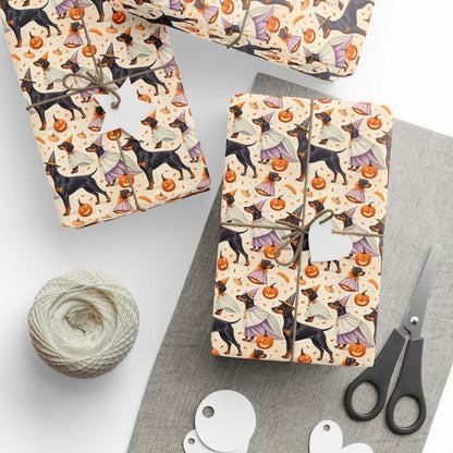 Doberman Halloween Witch Wrapping Paper — styled gift wrapping with scissors and twine