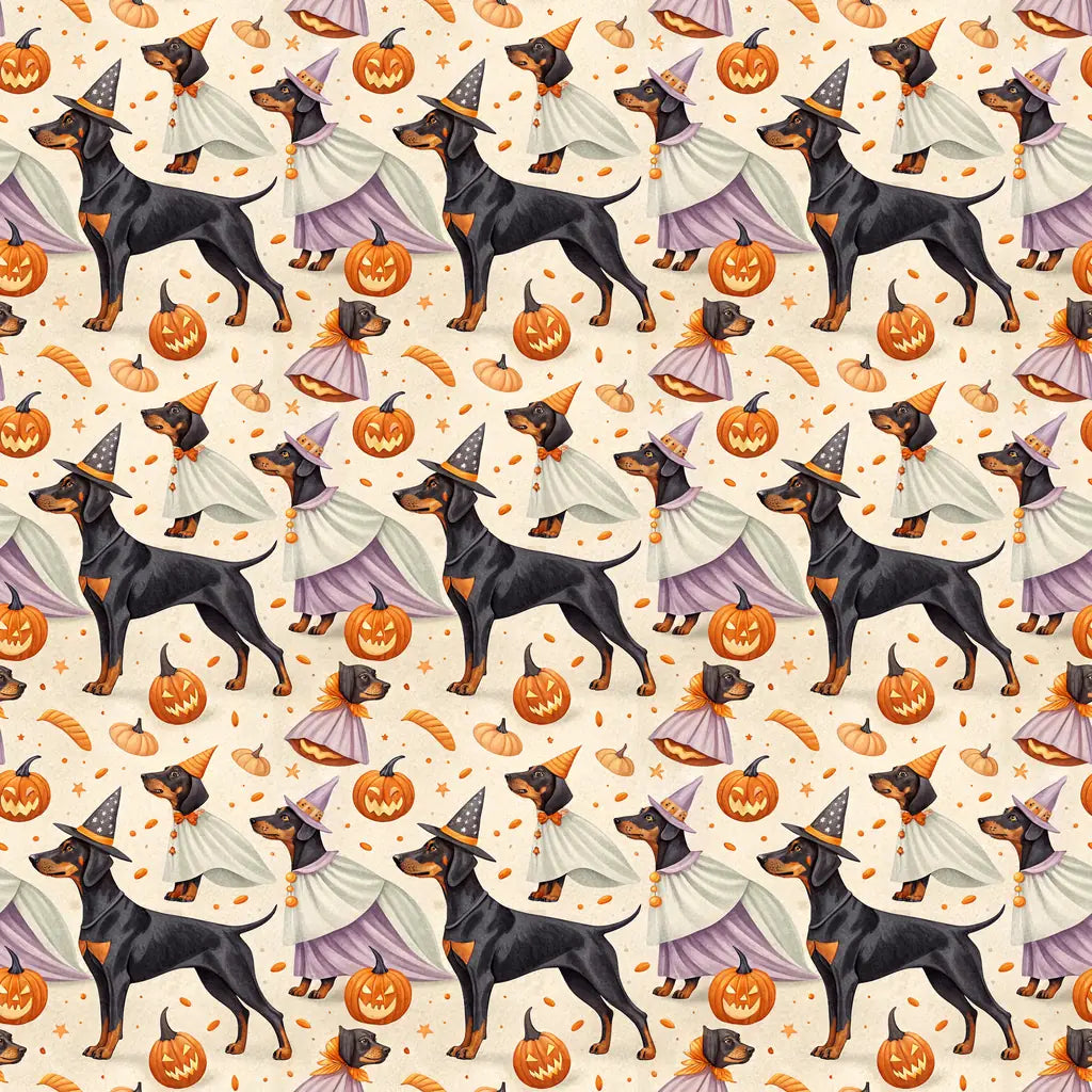 Doberman Halloween Witch Wrapping Paper — repeating pattern tile