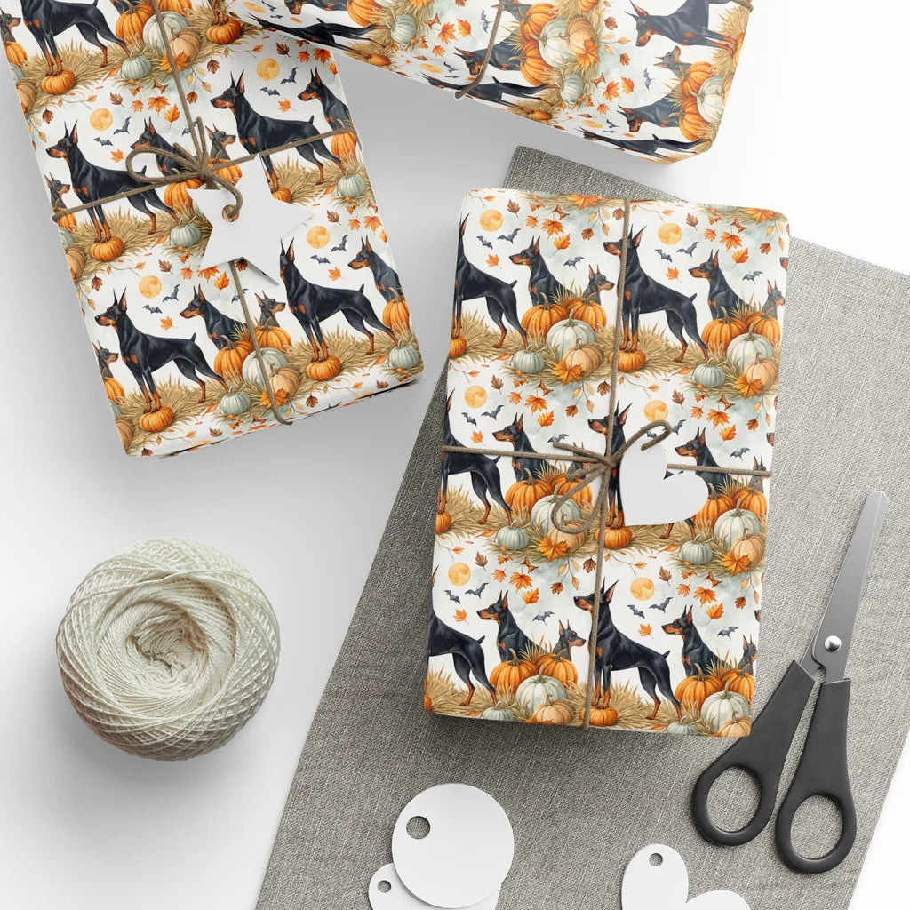 Doberman Halloween Wrapping Paper — styled gift wrapping with scissors and twine