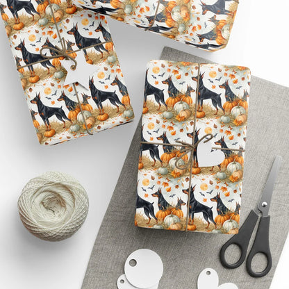 Doberman Halloween Wrapping Paper — styled gift wrapping with scissors and twine