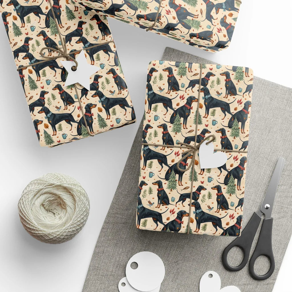 Doberman Father's Day Wrapping Paper — styled gift wrapping with scissors and twine