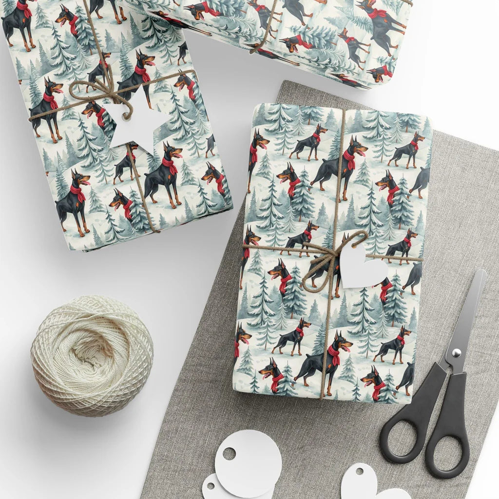 Doberman Pinscher Christmas Wrapping Paper — styled gift wrapping with scissors and twine