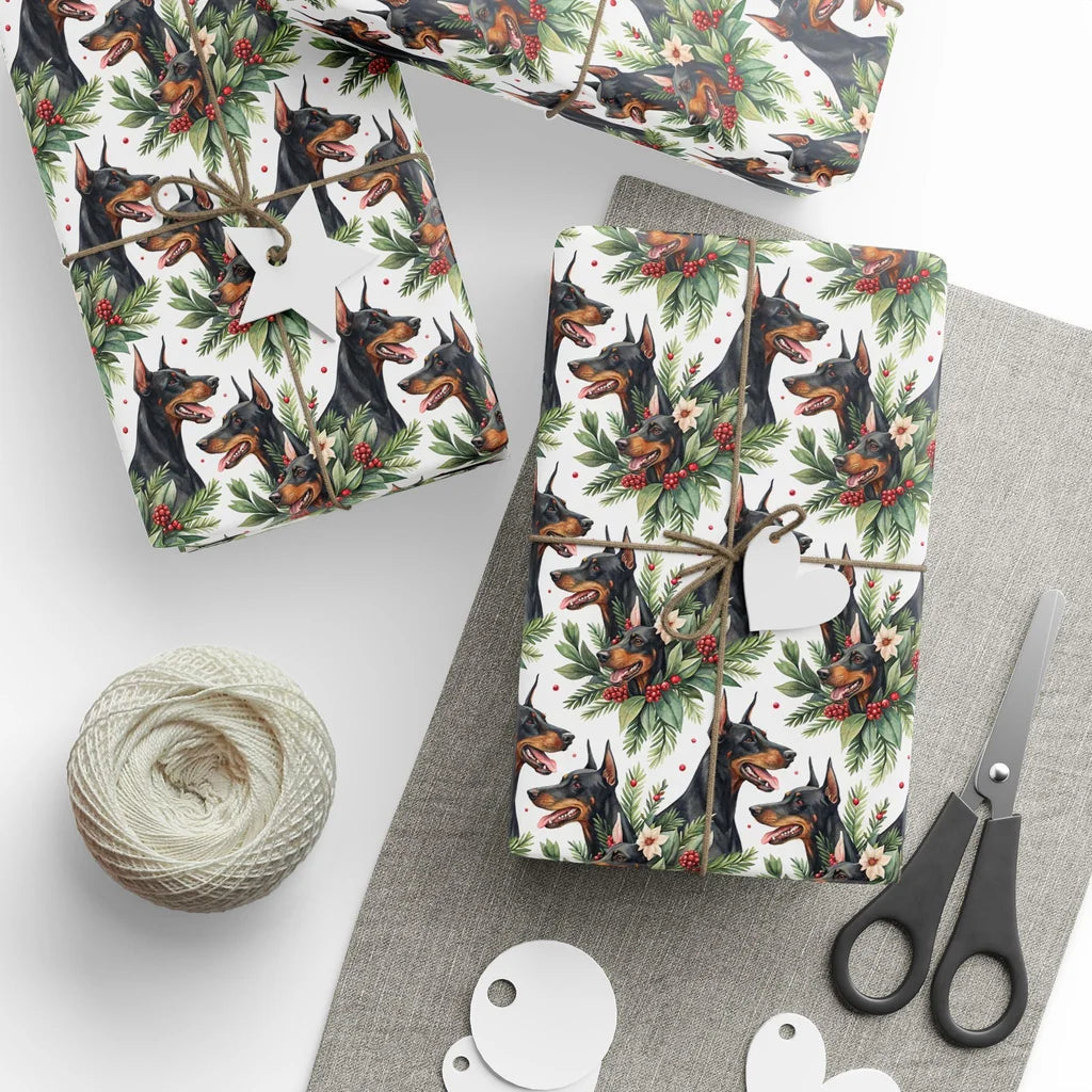 Doberman Pinscher Christmas Wrapping Paper — styled gift wrapping with scissors and twine