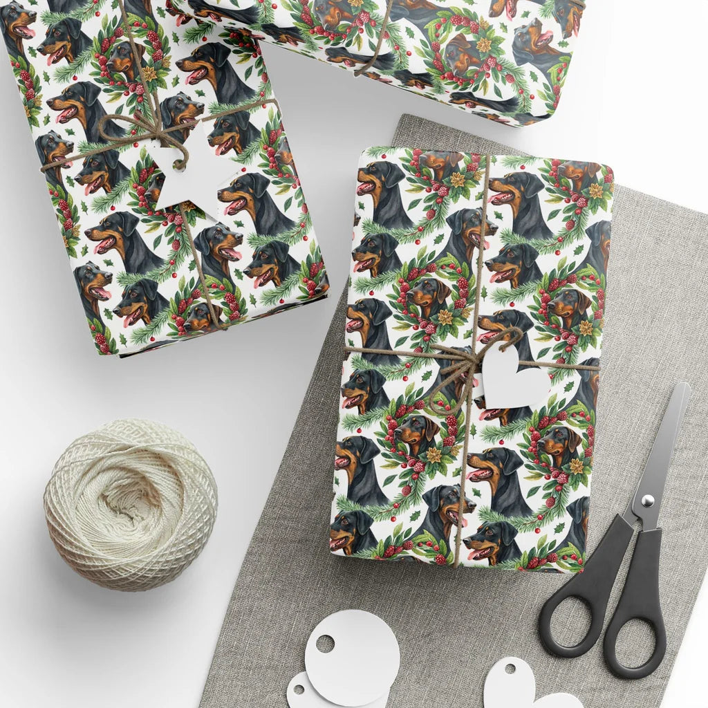Doberman Pinscher Christmas Wrapping Paper — styled gift wrapping with scissors and twine