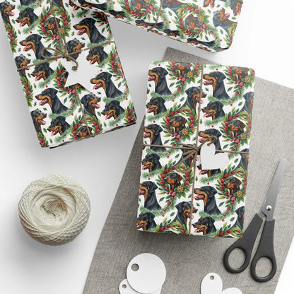 Doberman Pinscher Christmas Wrapping Paper — styled gift wrapping with scissors and twine