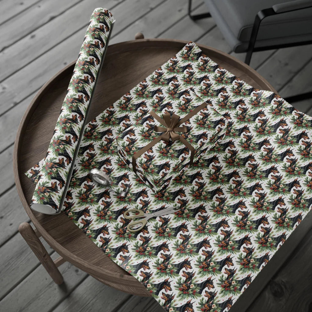 Doberman Pinscher Christmas Wrapping Paper — gift wrapping presented on a wooden table