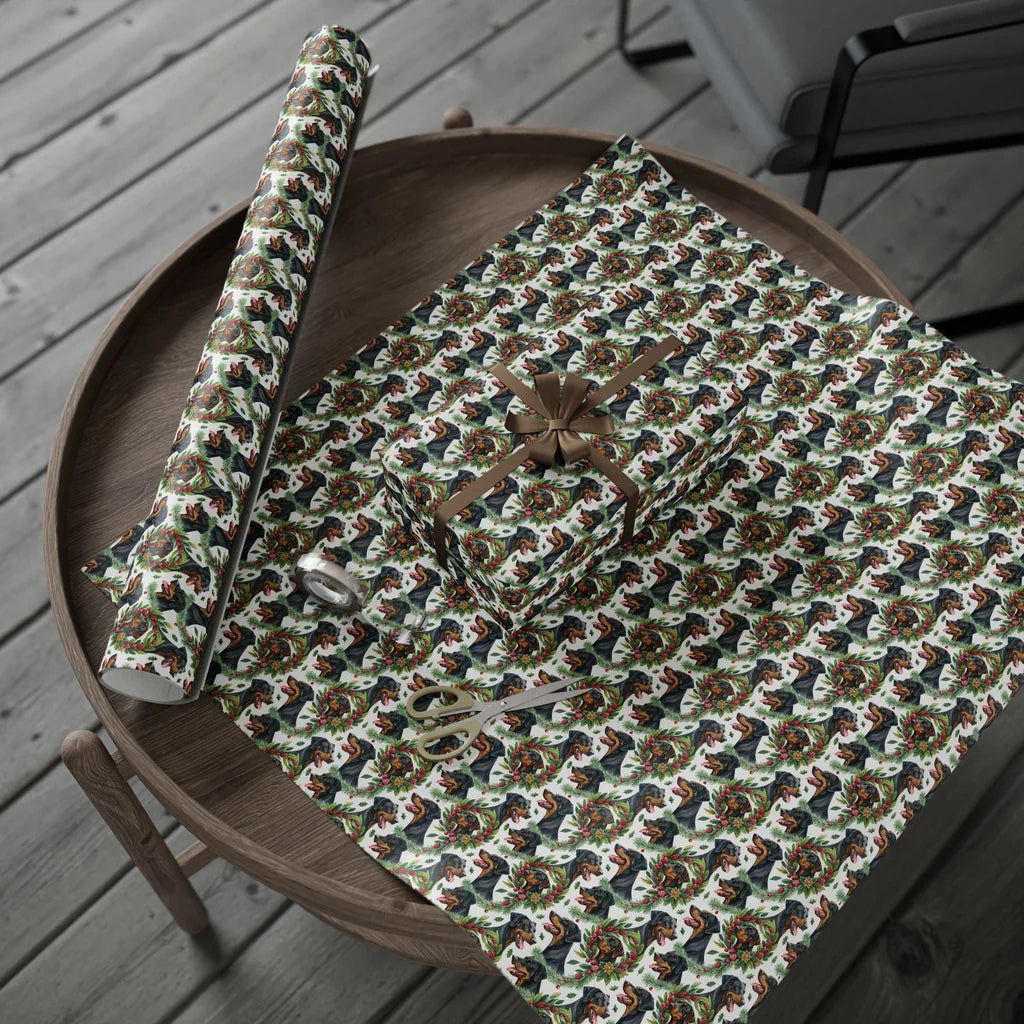 Doberman Pinscher Christmas Wrapping Paper — gift wrapping presented on a wooden table