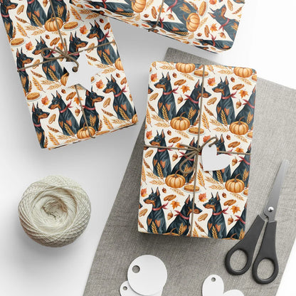 Doberman Pinscher Fall Harvest Wrapping Paper — styled gift wrapping with scissors and twine