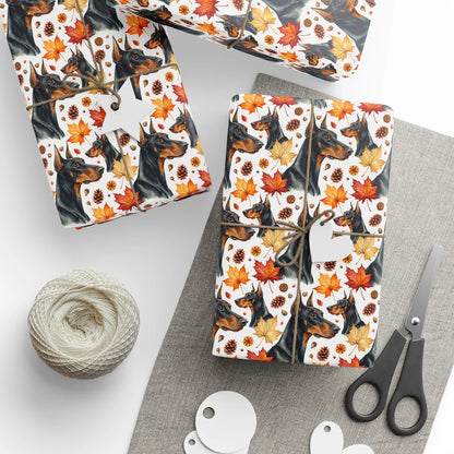 Doberman Pinscher Fall Wrapping Paper — styled gift wrapping with scissors and twine