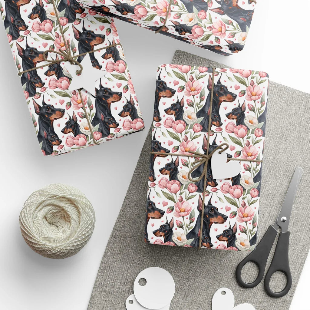 Doberman Pinscher Floral Wrapping Paper — styled gift wrapping with scissors and twine