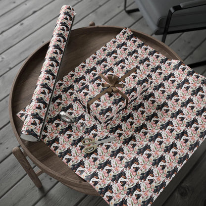 Doberman Pinscher Floral Wrapping Paper — gift wrapping presented on a wooden table