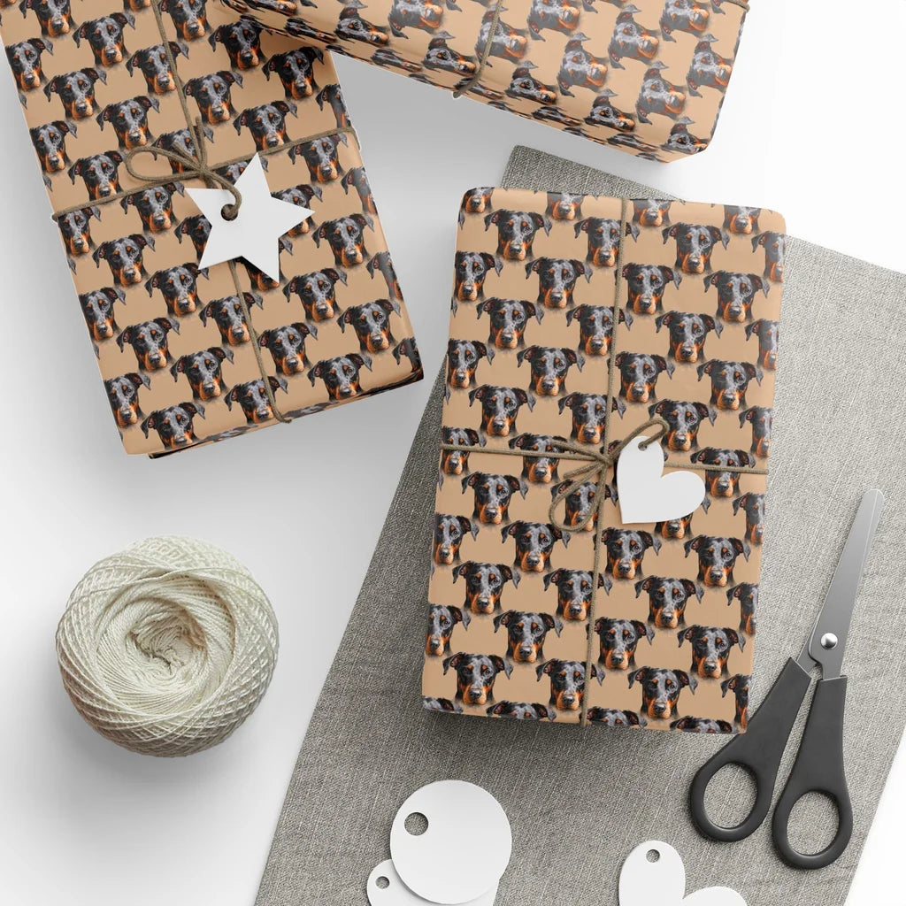 Doberman Portrait Wrapping Paper — styled gift wrapping with scissors and twine