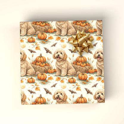 Doodle Dog Halloween Wrapping Paper | Pumpkins & Bats — wrapped gift presentation